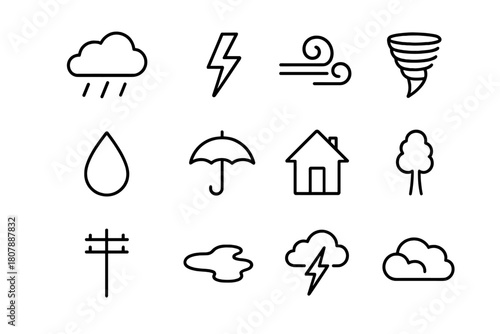 Severe Weather Icons. Severe weather. Line icon set of severe weather: storm cloud, lightning bolt, wind swirl, tornado, raindrop, umbrella, house, tree, power