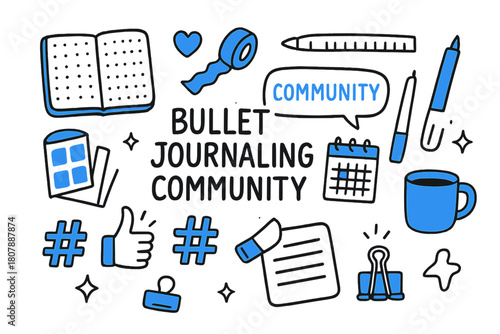 Bullet Journaling Icons. // Bullet journaling community. Hand-drawn doodle illustration Bullet journaling community [dotted notebook (accented), gel pen, washi