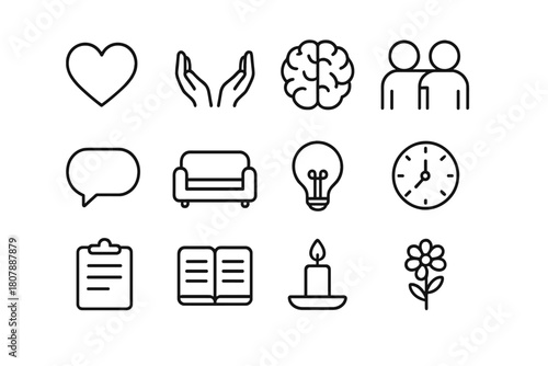 Emotional Support Icons. Emotional Support. Solid icon set of Emotional Support: listening ear, empathy heart, shoulder to lean, reassuring note, calming