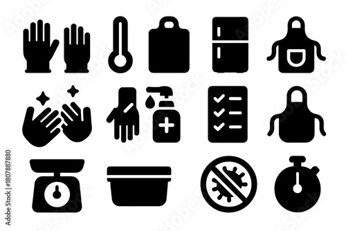 Food Safety Icons. Food inspection. Solid icon set of food inspection: magnifying glass, checklist, microscope, badge, clipboard, lab flask, gloves, hat,
