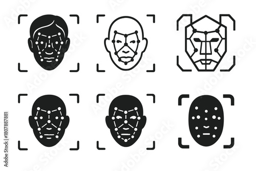 Facial Recognition Logos. Facial recognition. Icon set. Set Logo of facial recognition: camera lens with face aperture motif. harmonious logo variations of the