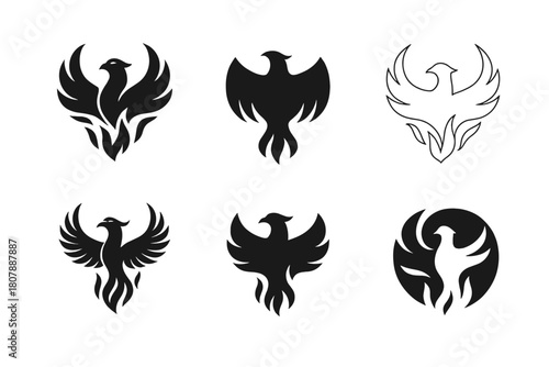 Phoenix Emblem Variations. Mythology stories. Icon set. Set Logo of mythology stories: phoenix bird. harmonious logo variations of the same emblematic concept,