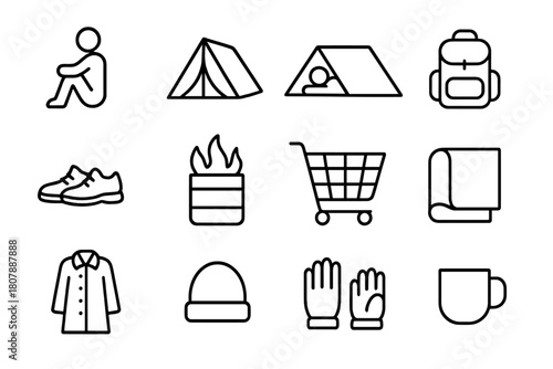 Street Life Icons. Street life. Line icon set of street life: person sitting, tent, cardboard shelter, backpack, shoes, fire barrel, shopping cart, blanket,