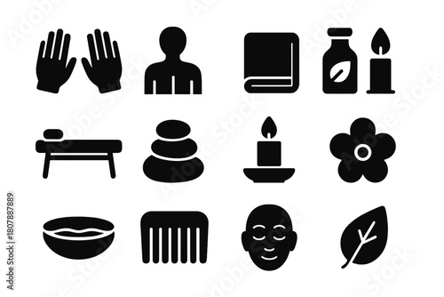 Therapeutic Massage Icons. Therapeutic Massage. Solid icon set of Therapeutic Massage: hands, back profile, towel, essential oil bottle, massage table, stone