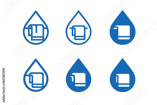 Wet Towel Logos. Wet towel. Icon set. Set Logo of Wet Towel: rolled towel with droplets accent. harmonious logo variations of the same emblematic concept, each