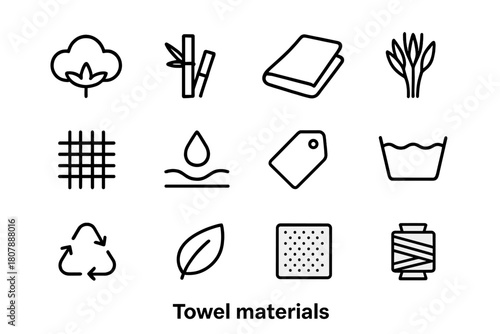 Towel Material Icons. Towel materials. Line icon set of towel materials: cotton plant, bamboo stalk, microfiber cloth, linen fiber, fabric weave, droplet