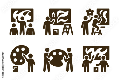 Community Mural Icons. A group of artists working together on a large community mural project. Icon set. Set Logo of Sketch Paper: Design planning. Negative