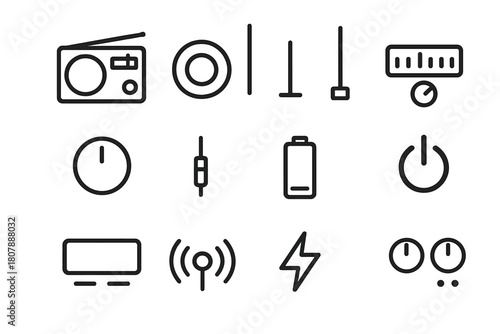 Radio Icon Set. Radio listening. Line icon set of radio listening: AM/FM radio, speaker, antenna, tuning dial, volume knob, headphone jack, battery, power