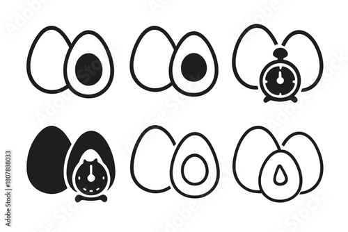 Boiled Egg Icons. Boiled eggs. Icon set. Set Logo of Boiled eggs: Egg on plate. harmonious logo variations of the same emblematic concept, each with different