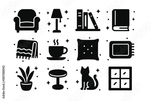 Book Nook Icons. Book Nook Essentials. Solid icons set of Book Nook Essentials: armchair, lamp, bookshelf, book, blanket, coffee cup, cushion, rug, plant, side
