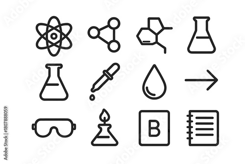 Chemistry Icon Set. Chemical formulas. Line icon set of chemical formulas: atom model, molecular bond, structural formula, test tube, Erlenmeyer flask,