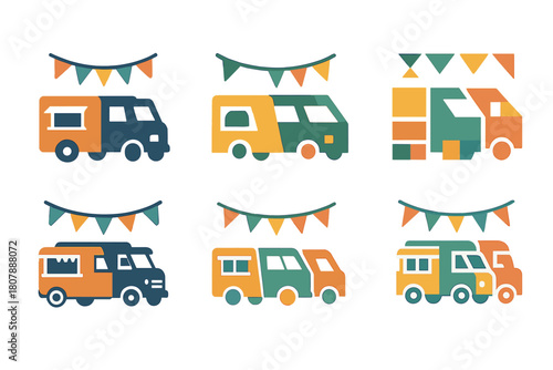 Colorful Food Truck Logos. Food truck street parties. Icon set. Set Logo of food truck street parties: row of colorful food vans under bunting flags.