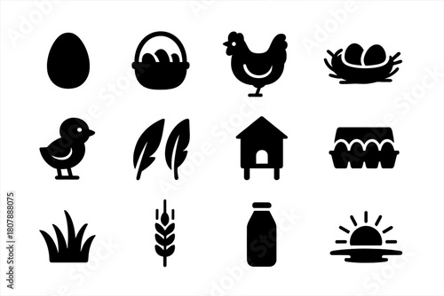 Organic Egg Icons. Organic Eggs. Solid icon set of Organic Eggs: egg, basket, hen, nest, chick, feathers, coop, grass, wheat stalk, milk bottle, carton,