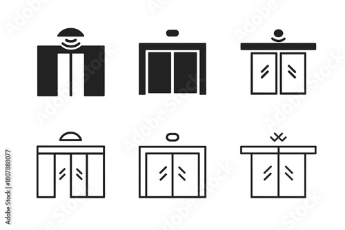 Sliding Doors Icons. Sliding doors. Icon set. Set Logo of sliding doors: balcony slider with sheer curtain. harmonious logo variations of the same emblematic