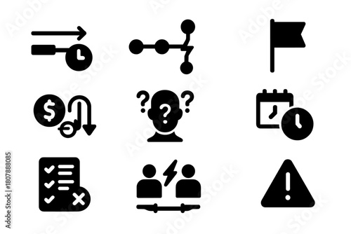 Project Risk Icons. Project management risks. Solid icon set of Project management risks: timeline delay, missing milestone, broken process, risk flag, budget