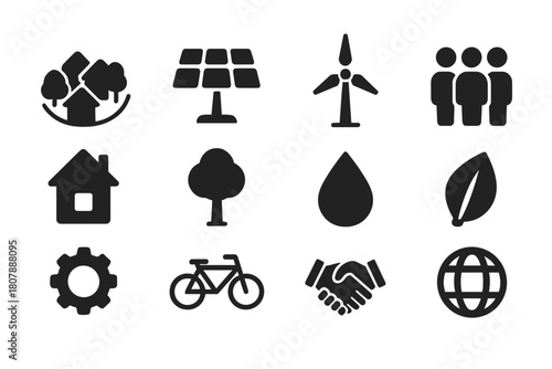 Eco Micro-Community Icons. Autonomous micro-communities. Solid icon set of autonomous micro-communities: eco village, solar panel, wind turbine, people group,