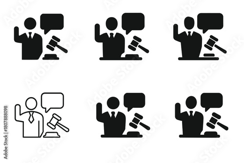 Courtroom Objection Logos. Lawyer Making Objections. Icon set. Set Logo of Courtroom Objection: attorney raising hand in court. harmonious logo variations of