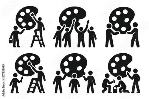 Community Mural Icons. A group of artists working together on a large community mural project. Icon set. Set Logo of Sketch Paper: Design planning. Negative