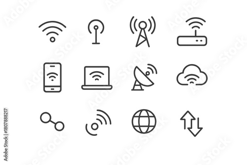 Wireless Icons Grid. Wireless Network. Line icon set of Wireless Network: wifi symbol, antenna, signal tower, router, smartphone, laptop, satellite, cloud,