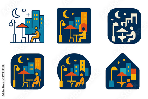 Vibrant City Icons. Vibrant city life. Icon set. Set Logo of vibrant city life: modern city skyline with rising sun. harmonious logo variations of the same