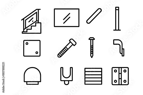 Glass Railing Icon Set. Glass railing. Line icon set of glass railing: glass panel, handrail, post, base plate, bolt, screw, wall bracket, end cap, stair,