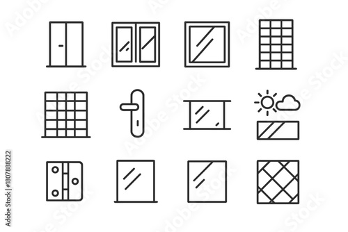 Glass Architecture Icons. Glass architecture. Line icon set of glass architecture: glass door, window, frame, building facade, curtain wall, handle, rail,
