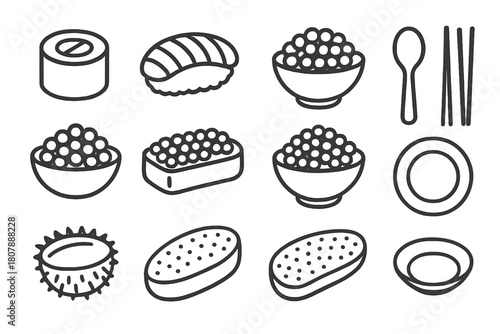 Seafood Line Art Icons. Seafood dishes. Line icon set of seafood dishes: sushi roll, nigiri, bowl of rice, salmon roe, flying fish roe, caviar, sea urchin roe,