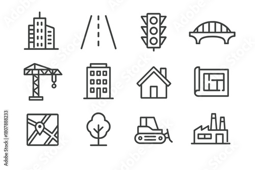 Smart City Icons. Smart city planning. Line icon set of Smart city planning: skyscraper, road, traffic light, bridge, construction crane, apartment building,
