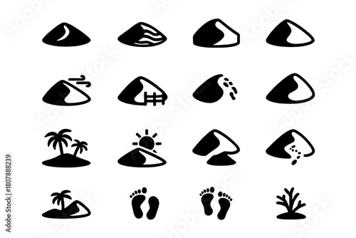 Black Desert Icon Set. Sand Dune Mounds. Solid icon set of Sand Dune Mounds: crescent dune, ripple pattern, slip face, wind arrow, sand fence, camel track,
