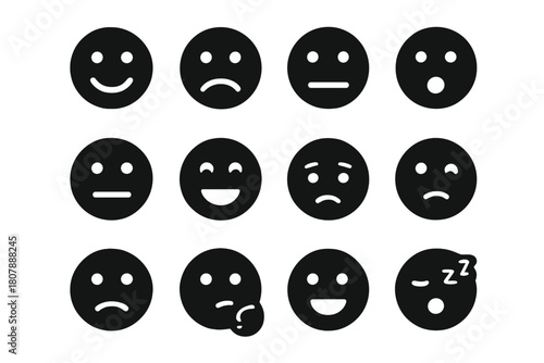 Mood Faces Icons. Mood Faces. Solid icon set of Mood Faces: happy face, sad face, angry face, surprised face, neutral face, laughing face, crying face, winking