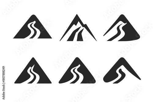 Mountain Ski Icons. Skiing on mountain slopes. Icon set. Set Logo of skiing on mountain slopes: mountain peak with ski tracks descending. harmonious logo