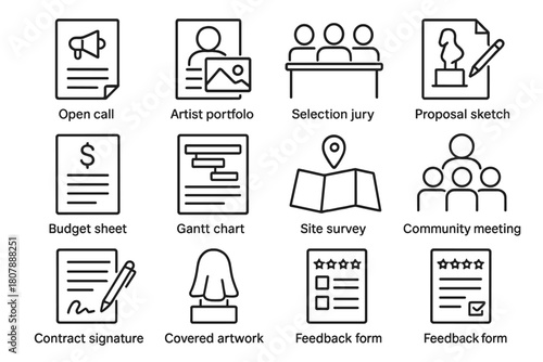 Public Art Icons. Public Art Curation. Line icon set of Public Art Curation: open call notice, artist portfolio, selection jury, proposal sketch, budget sheet,