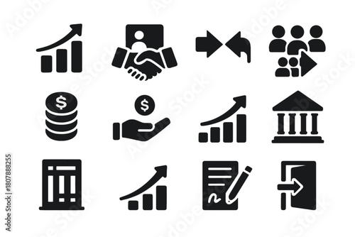 Venture Exit Icons. Venture exit strategies. Solid icon set of Venture exit strategies: IPO launch, acquisition deal, merger icon, secondary sale, buyout,