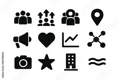 Crowd Dynamics Icons. Crowd dynamics. Solid icon set of crowd dynamics: people group, arrows, person highlighted, map pin, megaphone, heart, chart, network,