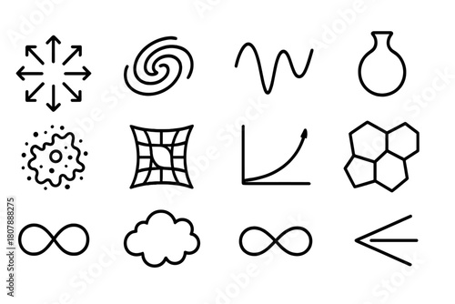 Dark Energy Icons. Dark energy and acceleration. Line icon set of dark energy and acceleration: expanding arrows, galaxy drift, energy wave, vacuum symbol,