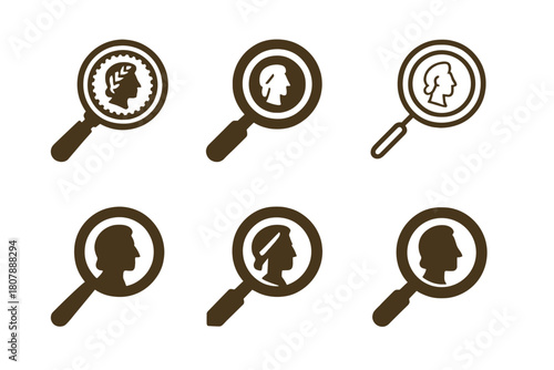 Antique Coin Logos. Starting a Collection of Antique Coins. Icon set. Set Logo of Antique Coin Collecting: treasure chest of coins. harmonious logo variations