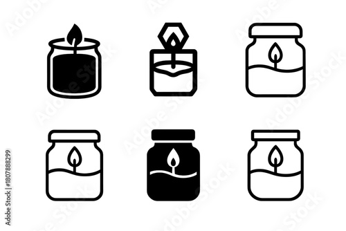 Candle Light Logos. Candle light. Icon set. Set Logo of candle light: scented candle jar. harmonious logo variations of the same emblematic concept, each with
