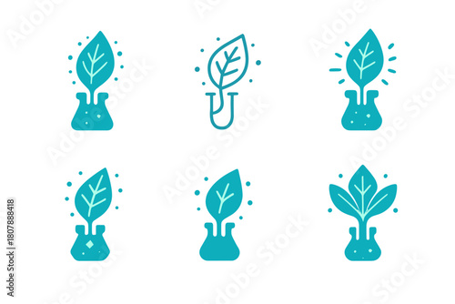 Bioluminescent Leaf Logos. Bioluminescence and human applications. Icon set. Set Logo of Bioluminescence: glowing plant leaf symbolizing bioengineering.