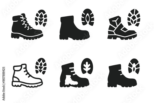 Nature Trails Icons. Hiking and exploring nature trails. Icon set. Set Logo of hiking and exploring nature trails: hiking boot with tread print. harmonious