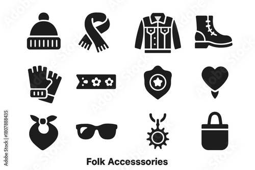 Folk Accessories Icons. Folk Accessories. Solid icon set of Folk Accessories: knit beanie, scarf, denim jacket, leather boots, fingerless gloves, patterned