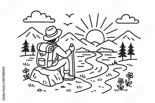 Solo Traveler Sunset. Solo Traveler Sunset. Hand-drawn doodle illustration Solo Traveler Sunset person sitting on rock, sunset, mountains, clouds, river,