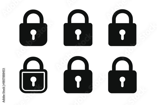 Privacy Lock Icon Set. Restrictions. Icon set. Set Logo of Privacy Lock: Padlock symbol. Flat solid, Symmetrical form, Stylized detail, Iconic shape, Minimal