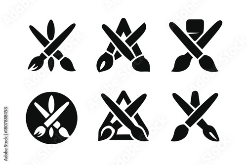 Community Mural Icons. A group of artists working together on a large community mural project. Icon set. Set Logo of Sketch Paper: Design planning. Negative