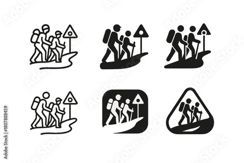 Camping Icons Variety. Group camping adventures. Icon set. Set Logo of group camping adventures: group of hikers following trail markers. harmonious logo