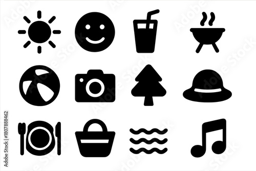 Weekend Fun Icons. Weekend fun. Solid icon set of weekend fun: sun, smile face, drink, grill, ball, camera, tree, hat, food plate, picnic basket, waves, music