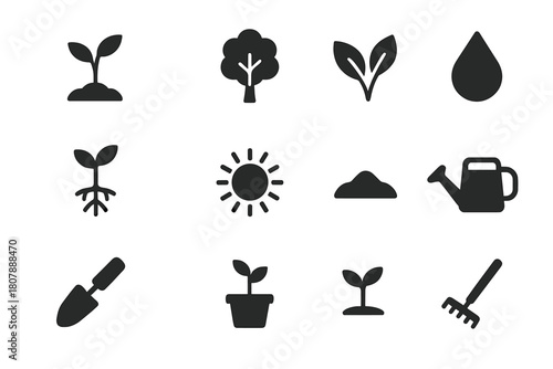 Growing Plant Icons. Growing Plant. Solid icon set of Growing Plant: sapling, tree, leaves, roots, water droplet, sun, soil mound, watering can, shovel, plant