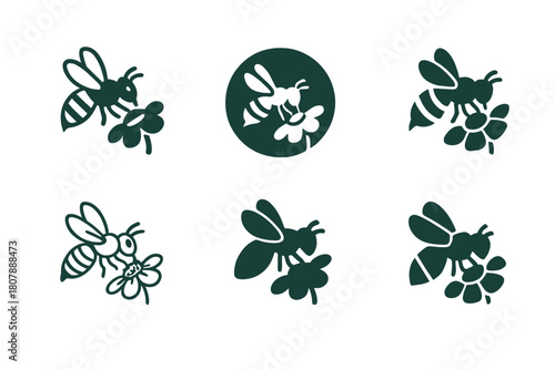 Insect Pollination Icons. insects in pollination. Icon set. Set Logo of insects in pollination: close-up of bee wings and pollen. harmonious logo variations of