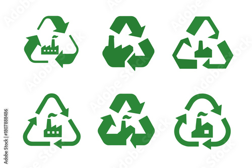 Recycling Logos Grid. Recycling process. Icon set. Set Logo of recycling process: eco-friendly factory loop. harmonious logo variations of the same emblematic