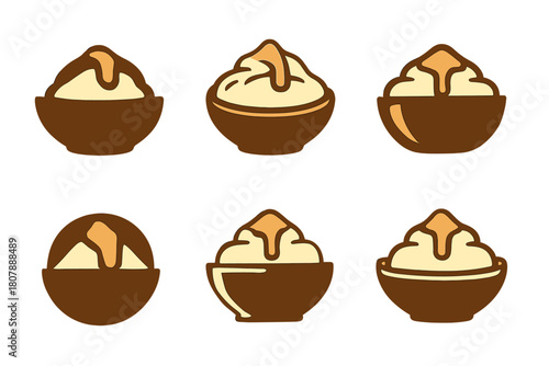 Mashed Potato Logos. Mashed potato mound. Icon set. Set Logo of mashed potato mound: serving spoon scooping mashed potatoes. harmonious logo variations of the