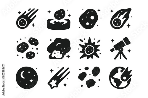 Meteorite Icon Collection. Meteorites. Solid icons set of Meteorites: falling meteor, crater, space rock, glowing trail, asteroid belt, dust cloud, explosion